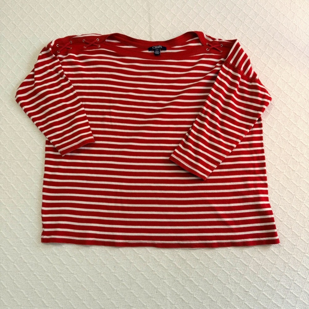 Chaps Womens Red White Striped Boat Neck Lace Up Shoulder 3/4 Sleeve Top Large
